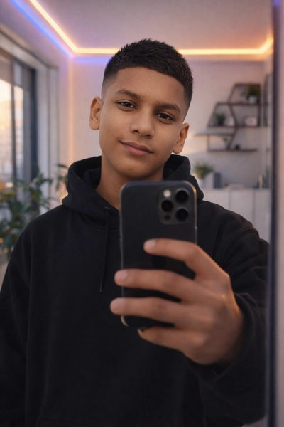 A boy stand with iPhone