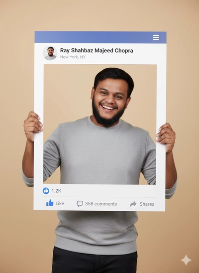 A cheerful man holding a Facebook frame with Ray Shahbaz Majeed Chopra’s profile