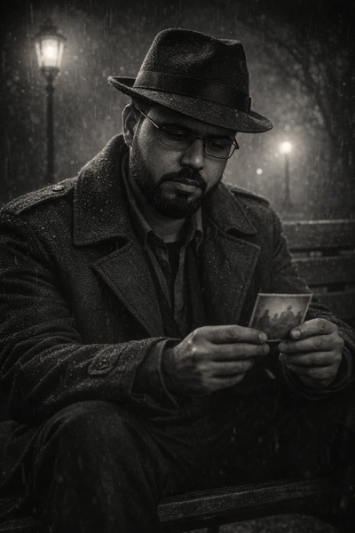 A cinematic black-and-white photograph of a middle-aged man sitting alone on a wooden park bench at