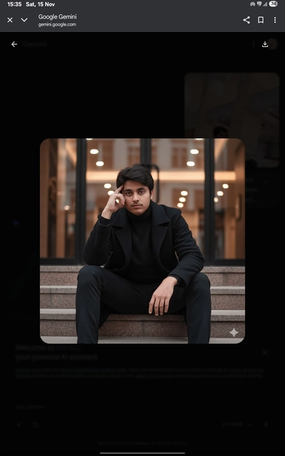 A cinematic urban portrait of me, keeping my real face unchanged. I am sitting casually on outdoor s