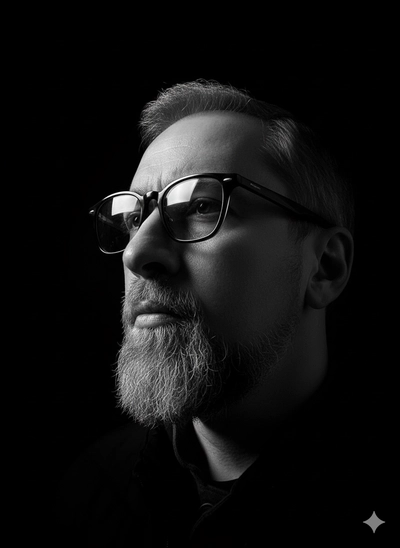 A hyper-realistic black-and-white portrait captured from a dramatic low angle.