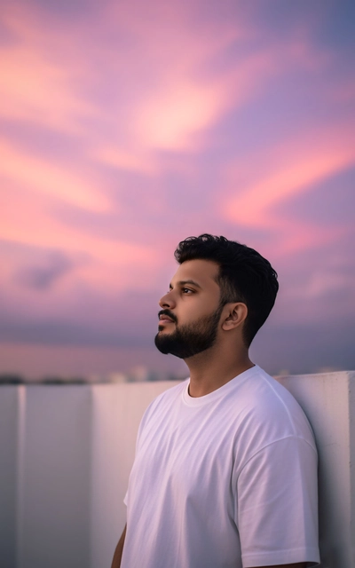 A male editorial portrait captured in close-up on a campus rooftop during late afternoon.