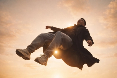 A man floating in mid-air as if falling backwards, full bodv, horizontal orientation. He is wearing