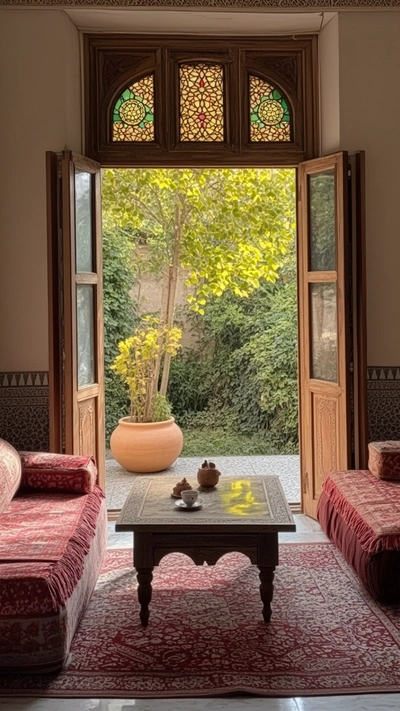 a traditional Middle Eastern-style house with a wooden door and intricate stained glass windows