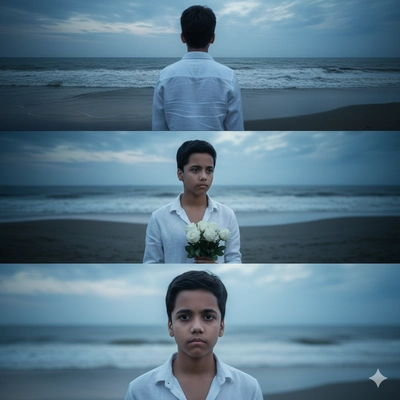 A vertical triptych (three-panel image collage) of a handsome young man standing on a beach at dusk.