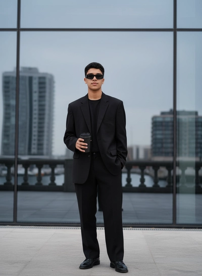 A young slim man face same as uploaded image in an outdoor café at night. He i