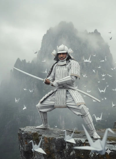 armadura tradicional eita inteiramente de papel origami branco dobrado