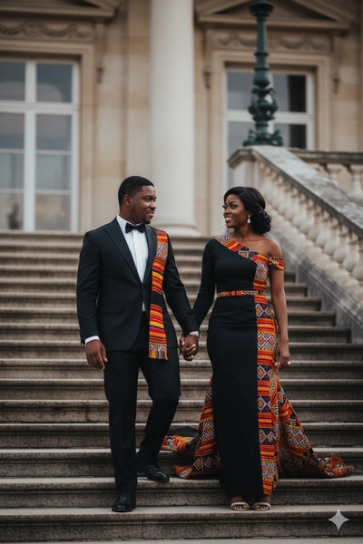 Casal elegante descendo uma escadaria