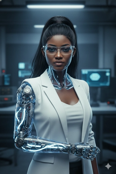 Ciborgue Cyberpunk em Laboratório Escuro