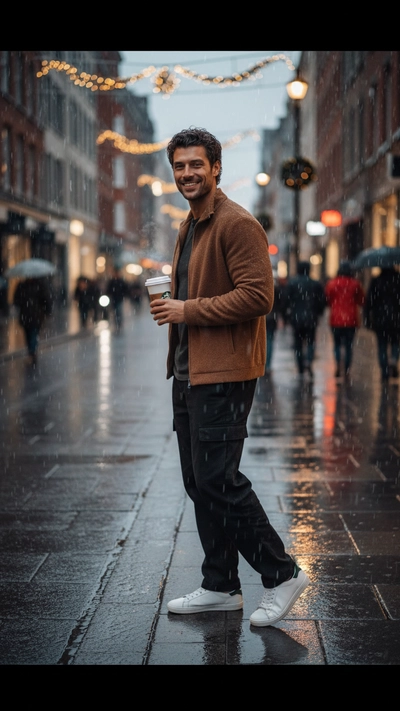 Cinematic Street Portrait of a Man Holding Starbucks Cup on New Year’s Eve”