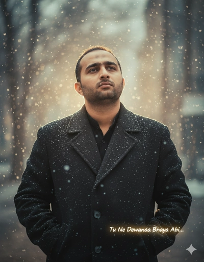 Create a cinematic portrait of me standing in falling snow, using my real face from the referense pi
