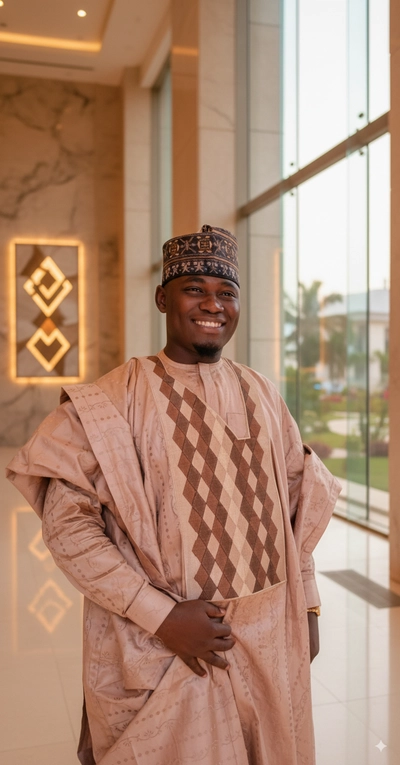 Create a cinematic portrait video of a young man dressed in luxurious Northern Nigerian traditionaly