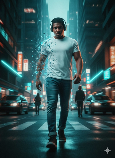 dissolving into glowing blue 3D pixels