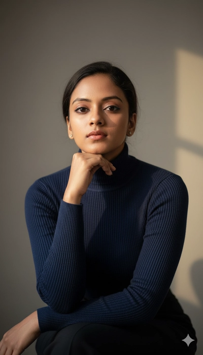 Edit this image into a bold, confident portrait of a young woman sitting elegantly, chin resting lightly on her hand, eyes forward with unwavering composure. Use dynamic lighting to emphasize her features and add depth to the scene. Style her in a fitted ribbed sweater or chic blazer in tones of cream or midnight blue. Keep the background minimal, with smooth gradients and soft shadows that frame her aura of grace and empowerment.