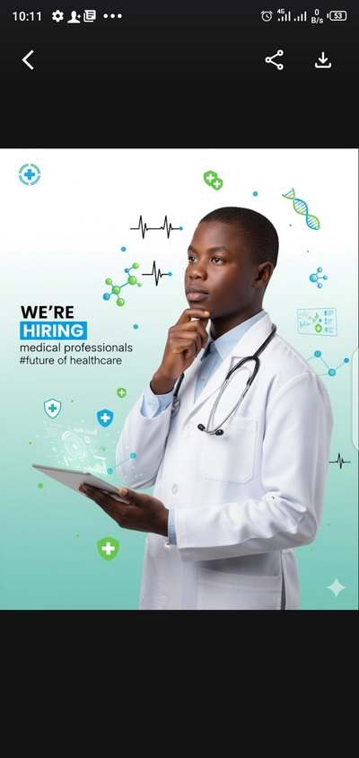 Edit this image to show an innovative, professional male doctor in a creative thinking pose — one hand thoughtfully touching his chin, the other hand holding a digital tablet at waist level. He stands in a three-quarter stance with a confident, visionary expression.  He’s wearing a modern white medical coat over a light blue shirt with a stethoscope around his neck, symbolizing expertise and compassion. The background is clean white fading into a soft blue and mint green gradient to suggest healthcare innovation and freshness.  Around him, floating digital medical elements appear: heartbeat lines (ECG), molecular structures, DNA strands, cross and shield health icons, and small holographic data charts representing patient analytics. Add small glowing blue and green light nodes connecting the icons, representing integrated digital health systems.  On the left side, include compelling typography: “WE’RE HIRING” (with “HIRING” highlighted in electric blue), followed by “medical professionals” and “#future of healthcare” in a modern sans-serif font.  The top-left corner can feature a healthcare or innovation icon. The overall look should be photorealistic, professional, and inspiring — a blend of medical precision and futuristic digital innovation.