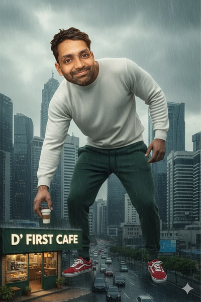 Giant person lifting coffee from cafe