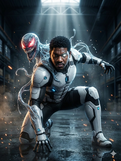 guerreiro super-herói dentro de um armazém futurista