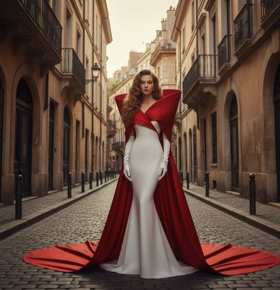 Hasselblad H6D 8K ultra-detailed realistic full-body shot. A woman stands on a narrow European cobbl