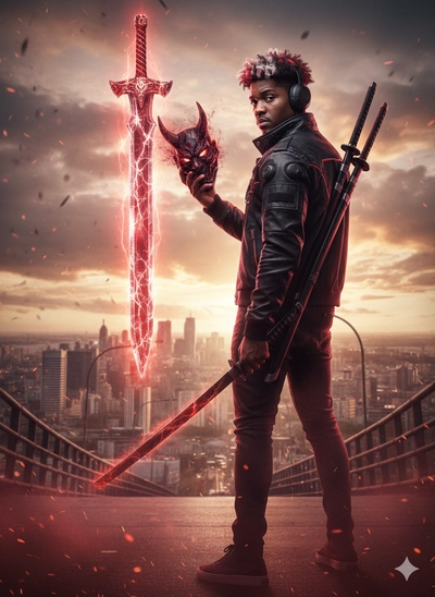He stands on a massive urban bridge on the outskirts of a мегаполис at sunset.