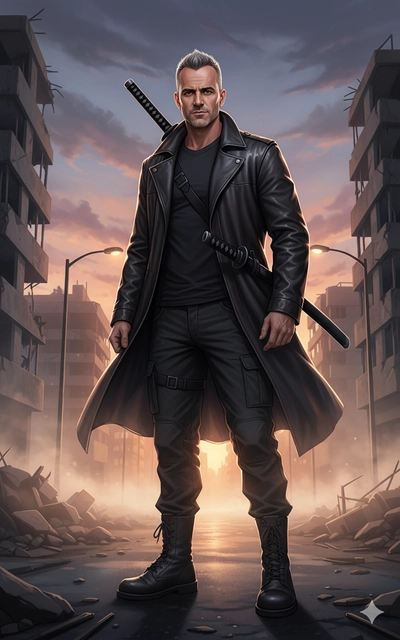 Hero in a destroyed city