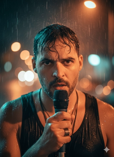 homem cantor cantando na chuva