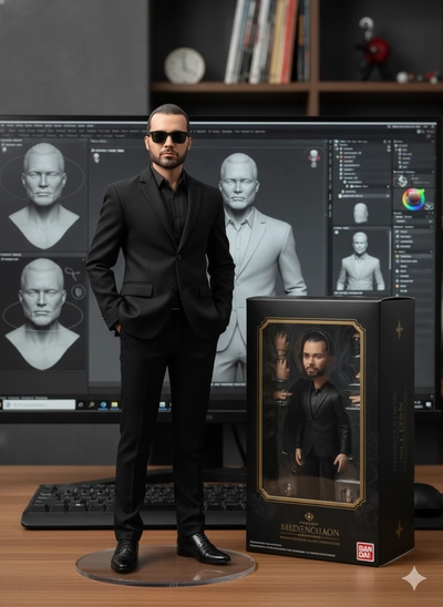 HOMEM DE PRETO ELEGANTE E BONECO NA CAIXA