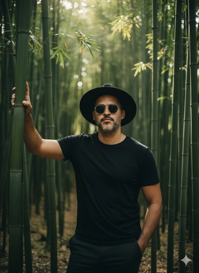 homem estiloso com chapéu entre os bambús