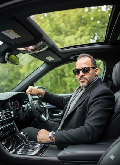 Homem rico estiloso empresário dirigindo carro chique