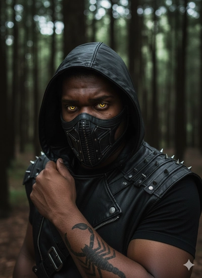 homem vestido com roupa escura e uma máscara