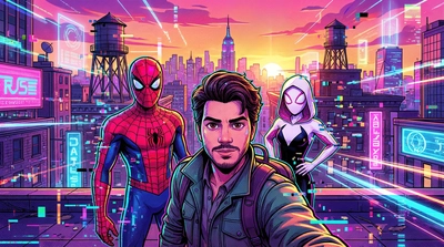 Illustrated Comic Cyberpunk Urban Rooftop pixar scene
