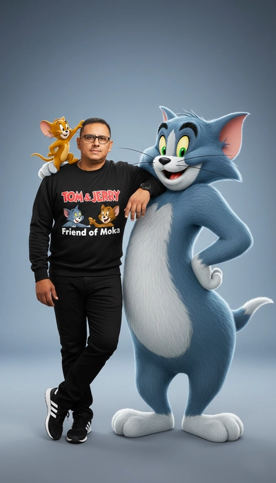Man and cartoons