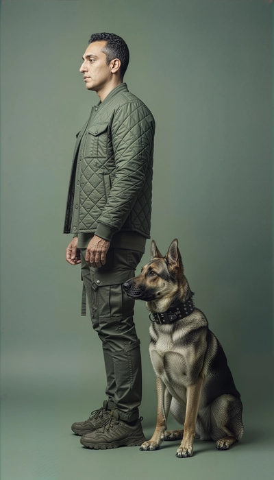 man with German shepherd