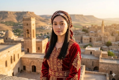Mardin/Midyat'ta Manzaraya Karşı Yöresel Kıyafetli Kadın
