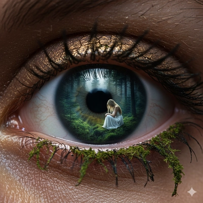 Ojo surrealista con el paisaje de bosque y la mujer sentada
