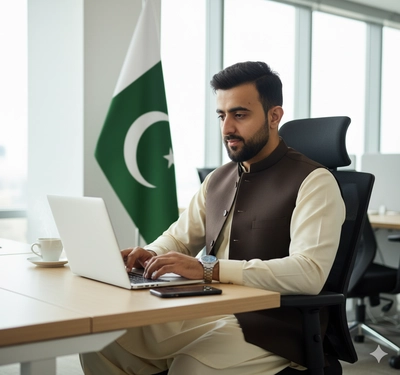 Pakistani person working at laptop