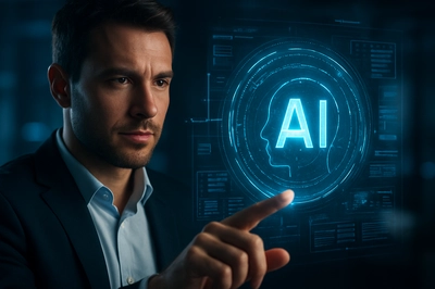 person interacting with a futuristic holographic AI