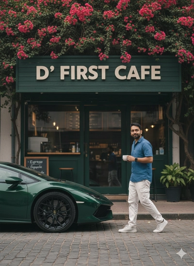 Pose in front of cafe