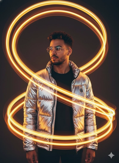Prompt Editorial — Retrato Masc. em Ambiente Escuro com Estética de Luz Cinética e Moda Techwear