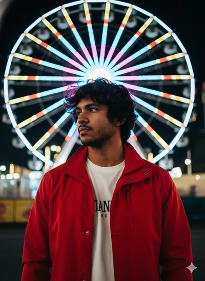 🧠📝 Prompt Editorial — Retrato Masculino em Parque de Diversões Noturno com Estética Festiva