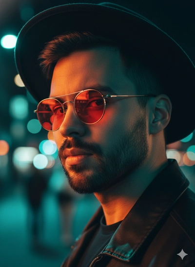 🧠📝 Prompt Editorial — Retrato Noturno + Óculos Vermelhos + Luz Teal & Orange