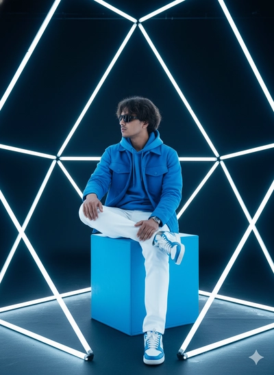 Retrato Masculino em Ambiente Neon com Estética Futurista e Composição Geométrica