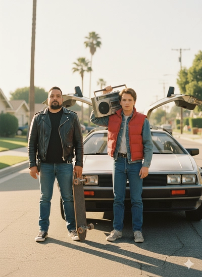 Retro de los años 80, evocando el universo visual de Back to the Future