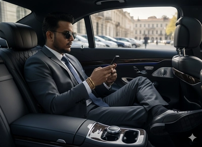 Rich man sitting in car.
