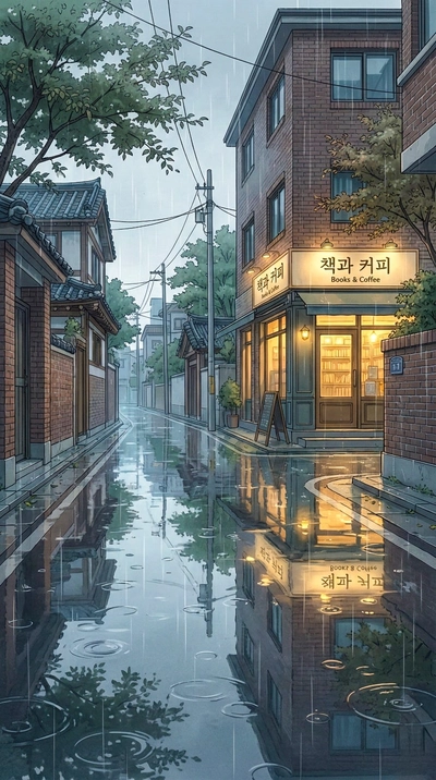 Soft Rain & Umbrella Shadows — Seoul Morning