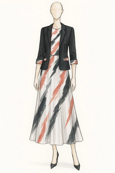 Subject: young adult female model, contemporary chic outfit (linen blazer, high-waist trousers, whit