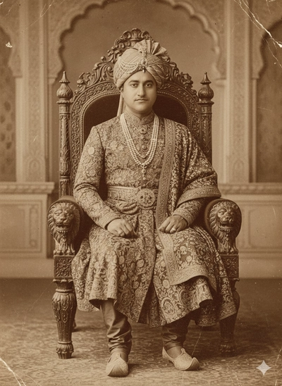 Throne-Seated Rajput King — Fully Unified Vintage & Damaged 1800s Archival Look