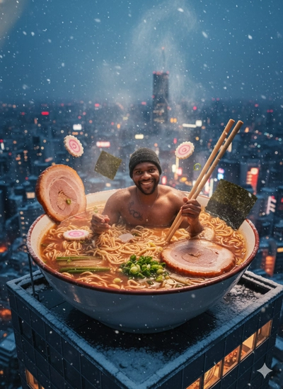 Tigela colossal e fumegante de ramen