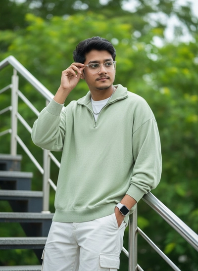 Ultra-realistic half-body cinematic portrait of a young man styled in green sweater and white cargo