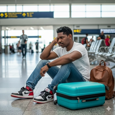 Um homem está sentado, desanimado, em um aeroporto, apoiada em sua mala turquesa.