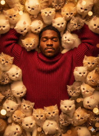 Uma pessoa rodeada por dezenas de gatinhos ultra fofos